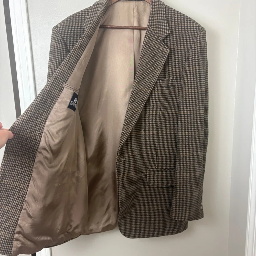 Stafford Blazer Men46L Tan Black Houndstooth Plaid Sport Coat 2B Wool Camel Hair